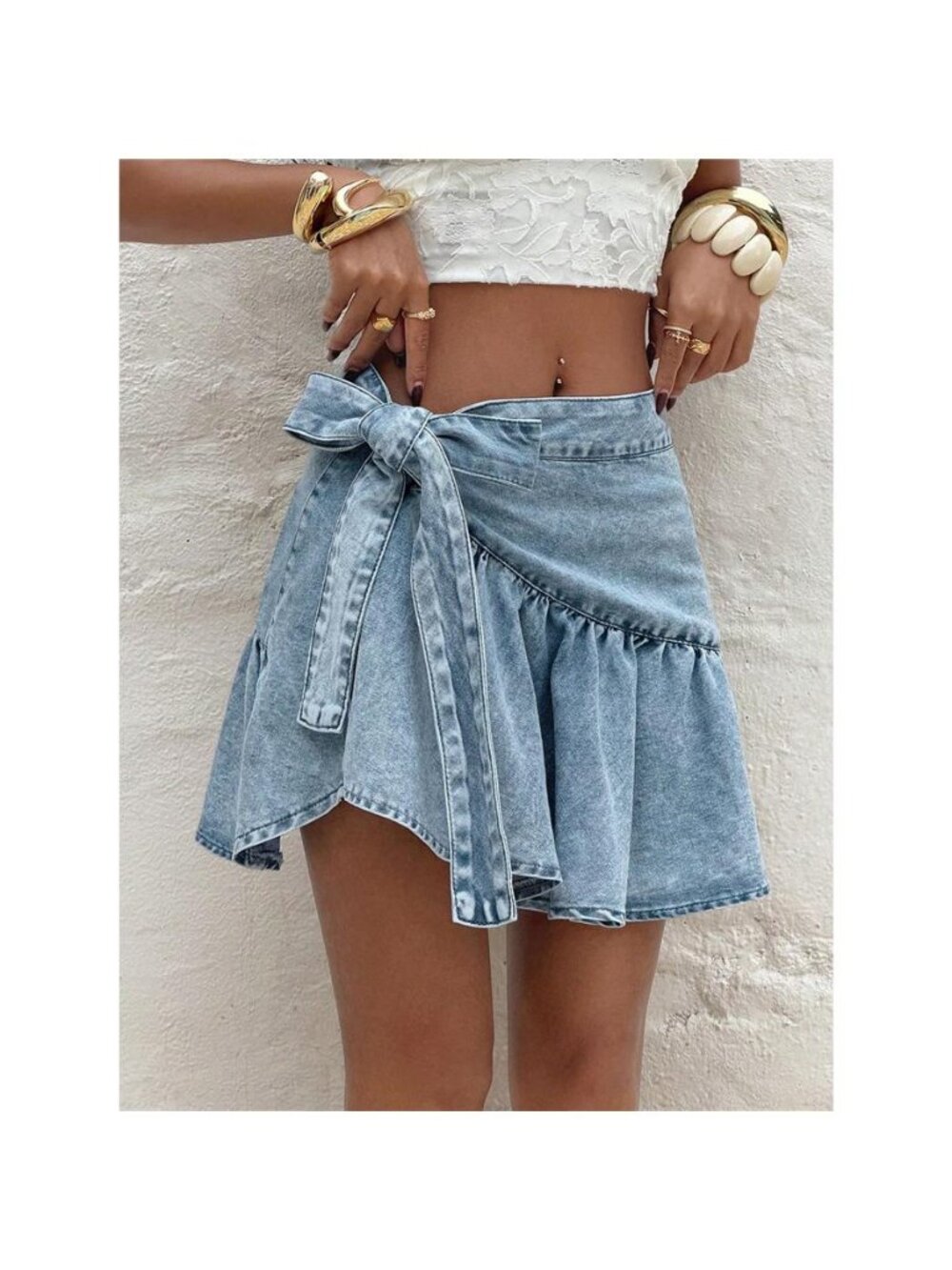 Ruffled Hem High Waist Bow Tie Denim Skirt
